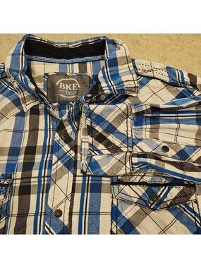 BKE Shirt Mens XXL Blue Plaid Western Pearl Snap Athletic Fit Long Sleeve